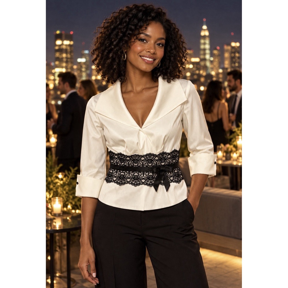 Jackie Jon White Blouse with Black Lace Waist Accent Size 10